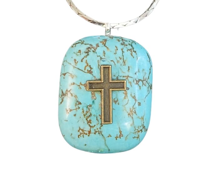 Turquoise China Blue Stone Pendant Necklace with Pewter Cross and Silver Chain