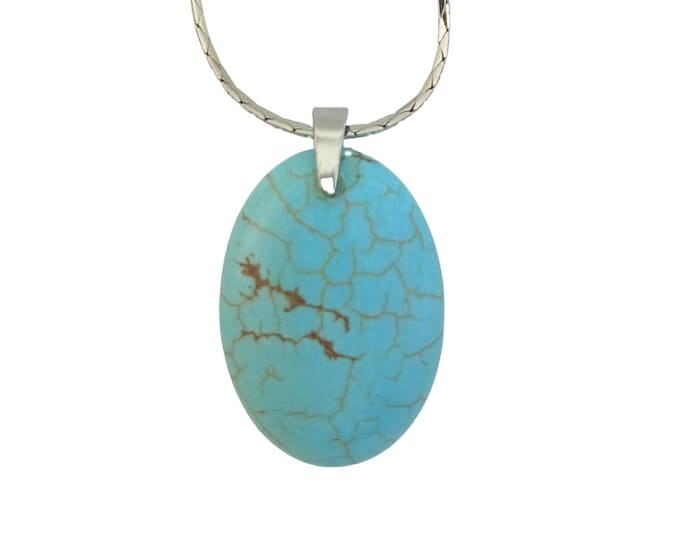 Turquoise China Blue Stone Pendant Necklace. Oval Stone with Gold or Silver Chain.