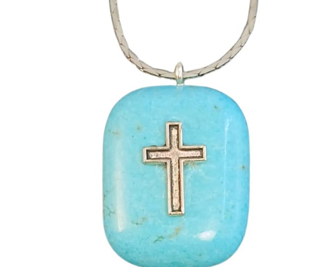 Turquoise China Blue Stone Pendant Necklace with Silver Cross and Silver Chain