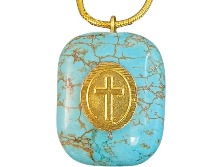 Turquoise China Blue Stone Pendant Necklace with Gold Stamped Pocket Cross and Gold Chain