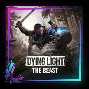 Könnte beinhalten: Digitales Artwork für das Videospiel "Dying Light: The Beast". Das Bild zeigt einen Mann mit Schwert und Taschenlampe, der gegen einen Zombie kämpft. Der Titel des Spiels ist in weißer Schrift, mit einem lila und blauen Rahmen.