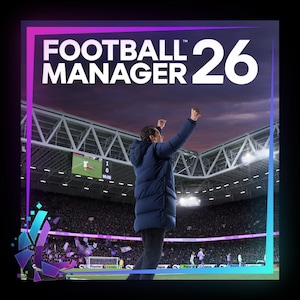 Pode incluir: Imagem promocional para "Football Manager 26" mostrando um estádio de futebol com um treinador celebrando. O título do jogo é branco, com uma borda gradiente roxa e azul. O treinador está usando uma jaqueta azul.