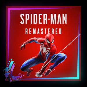 Könnte beinhalten: Werbebild für das Videospiel "Spider-Man Remastered". Das Bild zeigt Spider-Man in einer dynamischen Pose vor rotem Hintergrund. Der Titel des Spiels ist oben in weißer Schrift dargestellt, mit einem farbigen Rahmen.