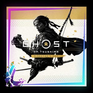 May include: Promotional image for "Ghost of Tsushima: Director's Cut" featuring a samurai warrior with a bow and katana. The title is in white, set against a gold and black backdrop, framed by a gradient border.