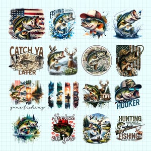 Op de afbeelding: Een verzameling kleurrijke graphics met een visthema. Ontwerpen omvatten baarsvissen met Amerikaanse vlagachtergronden, tekst als "Fishing is my therapy" en "Hooked on you". Andere graphics tonen herten en visscènes.