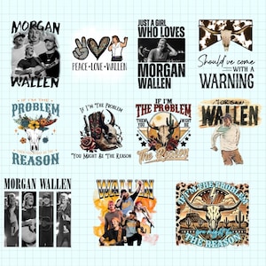 Peut inclure: Plusieurs graphismes avec le nom "Morgan Wallen" et des images associées. Les motifs incluent des images de l'artiste, du texte et des graphiques tels qu'un crâne de taureau, des bottes de cowboy et des éléments floraux. La palette de couleurs comprend le noir, le blanc et des tons terre.