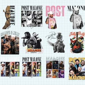 May include: A collection of Post Malone-themed designs. The images include portraits, text, and graphics. Some designs feature the text "Post Malone" and "Jelly Posty". The color palette includes black, white, and pink.