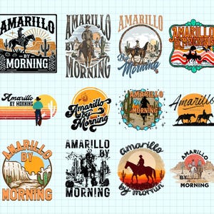 May include: A collection of graphic designs featuring the text "Amarillo by Morning." The designs showcase cowboys on horseback, cacti, and desert landscapes in various styles, with a vintage or retro aesthetic. The color palette includes oranges, browns, and blacks.