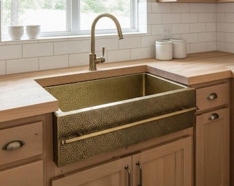 Hammered Brass Farmhouse Apron Kitchen Sink with Towel Bar – Unlacquered Brass Patina
