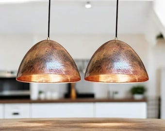 set of 2 Handmade Hammered Copper Pendant Light: Rustic Dome Hanging Lamp