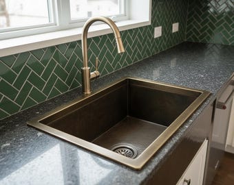 Handmade Hammered Brass Kitchen Sink – Antique Patina, Includes Strainer