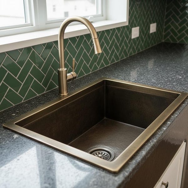 Handmade Hammered Brass Kitchen Sink – Antique Patina, Includes Strainer