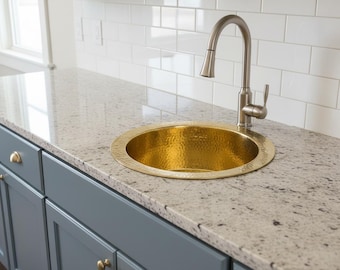 Handcrafted Hammered Brass Bar Sink with Drain, Round Unlacquered