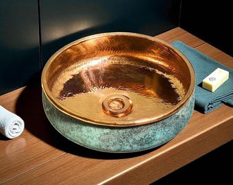 Handmade Oxidized Copper Basin: Rustic Green Patina Bathroom Sink