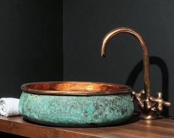 Handmade Oxidized Copper Sink: Rustic Green Patina Bathroom Basin