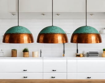 set of 3 Handmade Copper Pendant Light: Rustic Green Patina Farmhouse Dome