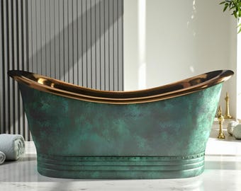 Handmade Oxidized Copper Bathtub: Rustic Green Patina Soaking Tub