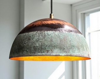 Handmade Copper Pendant Light: Rustic Green Patina Farmhouse Dome