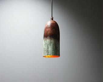 Lámpara colgante de cobre con pátina verde hecha a mano, iluminación de estilo rústico