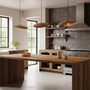 Puede incluir: Una cocina moderna con una gran isla de madera y armarios a juego. Tres l&aacute;mparas colgantes cuelgan sobre la isla. La cocina cuenta con una estufa de acero inoxidable, una placa para salpicaduras de azulejos y estanter&iacute;as abiertas con objetos decorativos.