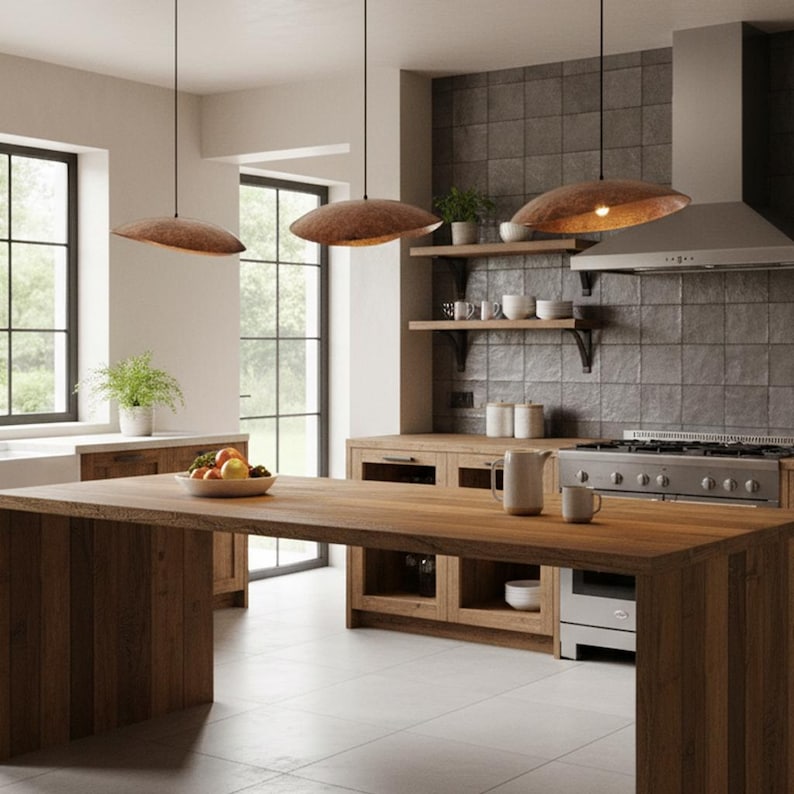 Puede incluir: Una cocina moderna con una gran isla de madera y armarios a juego. Tres l&aacute;mparas colgantes cuelgan sobre la isla. La cocina cuenta con una estufa de acero inoxidable, una placa para salpicaduras de azulejos y estanter&iacute;as abiertas con objetos decorativos.