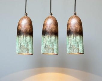 Geoxideerde koperen hanglampen, groene patina boerderijverlichting, set van 3