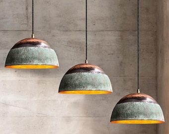 set of 3 Handmade Copper Pendant Light: Rustic Green Patina Farmhouse Dome