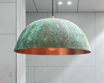 Oxidized Green Patina Copper Pendant Light, Handmade Dome Ceiling Light, Solid Verdigris Copper Farmhouse Kitchen Island Light Fixture