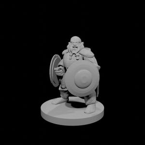 May include: A grey 3D-printed miniature of a fantasy warrior, holding two shields. The figure is standing on a circular base, with a detailed beard and armour. The miniature is designed for tabletop gaming.