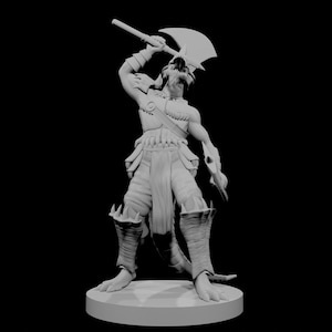 May include: A grey figurine of a humanoid creature with reptilian features, holding an axe overhead. The figure is posed in a dynamic stance, with detailed armour and a tail. The figurine is on a circular base.