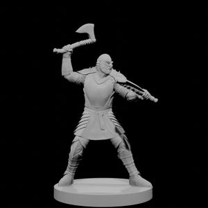 May include: A grey figurine of a warrior in armour, holding an axe aloft and a sword. The figure is in a dynamic action pose, with detailed chainmail and protective gear. The base is a simple, round platform.