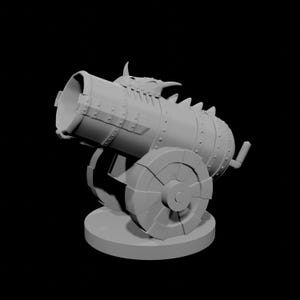 May include: A gray, stylized cannon with a dragon-like figurehead and spiked accents. The cannon is mounted on a wheeled carriage and sits on a circular base. The design is reminiscent of fantasy or historical weaponry.