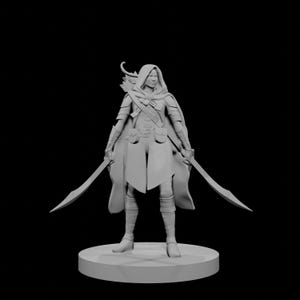 May include: A grey 3D-printed figurine of a hooded character, holding two curved swords. The figure is wearing a cloak and has a quiver with a bow on their back. The figurine is standing on a circular base.