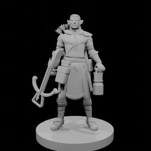 May include: A light gray 3D printed miniature figurine of an elf archer standing on a circular base. The figure wears a tunic, shoulder armor, and a cloak, carrying a crossbow in the right hand, a lantern in the left, and a quiver on the back.