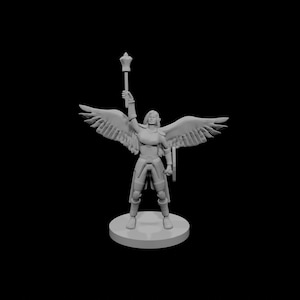 May include: A gray figurine of a winged humanoid figure, holding a mace aloft. The figure stands on a circular base, with detailed wings spread wide. The figure is wearing armor and has long hair.