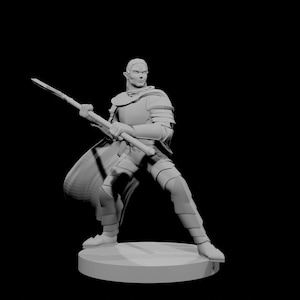 May include: A gray 3D-printed figurine of an elf warrior, posed with a staff. The figure is clad in armor and stands on a circular base against a black background. The elf has pointed ears and a focused expression.