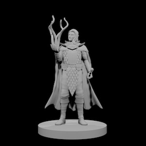 May include: A grey figurine of a fantasy character with long hair, a cape, and a diamond-patterned tunic. The character holds a stylized, branching object in one hand and a sword in the other. The figure stands on a circular base against a black background.
