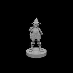 May include: A gray 3D-printed miniature of a fantasy character, wearing a pointed hat, armor, and boots. The figure is standing on a circular base against a black background. The miniature is likely for tabletop gaming.
