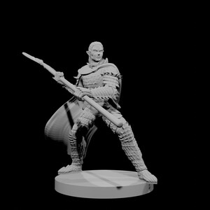 Könnte beinhalten: Graue Figur eines Elfenkriegers in dynamischer Pose, der einen Stab hält. Die Figur ist mit detaillierter Rüstung bekleidet und steht auf einem kreisförmigen Sockel vor schwarzem Hintergrund. Der Elf hat spitze Ohren und einen entschlossenen Ausdruck.