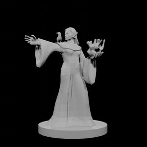May include: A 3D-printed figurine of a woman in a long dress, with a bird perched on her shoulder and holding objects in her hand. The figurine is light gray and stands on a circular base against a black background.