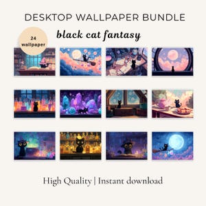 May include: A desktop wallpaper bundle featuring 24 fantasy-themed images with black cats. The images include cats with witch hats, flying on brooms, and in magical settings. The text reads "black cat fantasy" and "High Quality | Instant download."