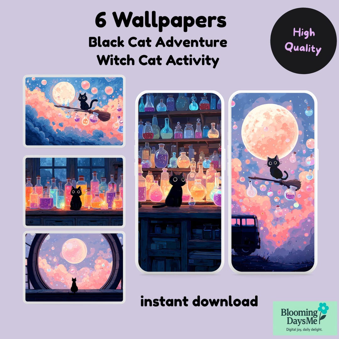 Black Cat Witch Wallpaper Bundle – Cozy Fantasy Desktop & Phone