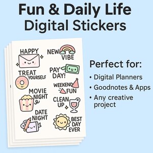 May include: A stack of digital stickers with the text "Fun & Daily Life Digital Stickers." The stickers feature cute illustrations of a rainbow, envelope, donut, popcorn, and other fun icons. The stickers are perfect for digital planners and creative projects.