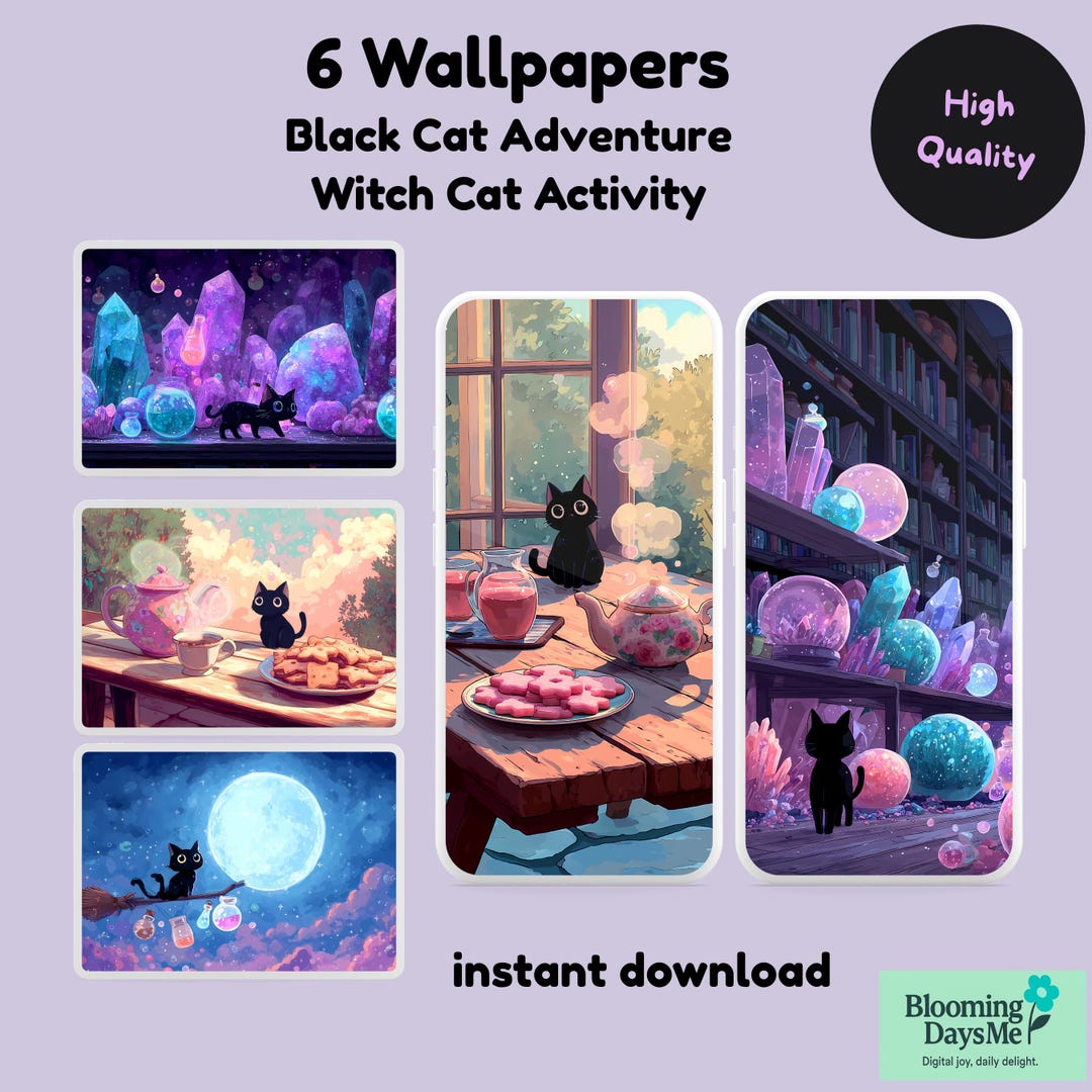 Black Cat Witch Wallpaper Bundle – Cozy Fantasy Night Desktop & Phone