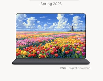 Fondo de pantalla de escritorio de un colorido campo de tulipanes, fondo de pantalla para portátil con paisaje floral primaveral y escena natural con molino de viento.