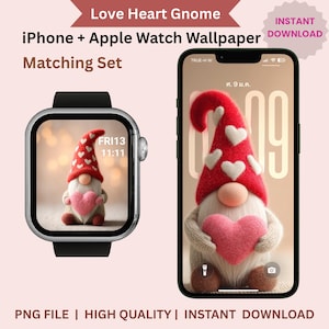 May include: A matching set of digital wallpapers for iPhone and Apple Watch featuring a gnome holding a pink heart. The gnome wears a red hat with white hearts. The Apple Watch displays the gnome image, and the iPhone shows the same design. Text includes "Love Heart Gnome" and "Matching Set".