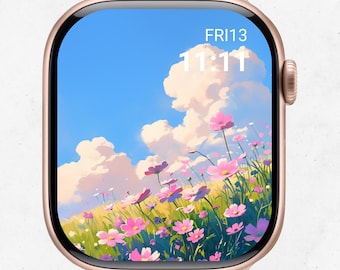 Ghibli Style Apple Watch Wallpaper| Pink Cosmos Flower | Blue Sky & Soft Clouds Watch Face, Instant Digital Download.