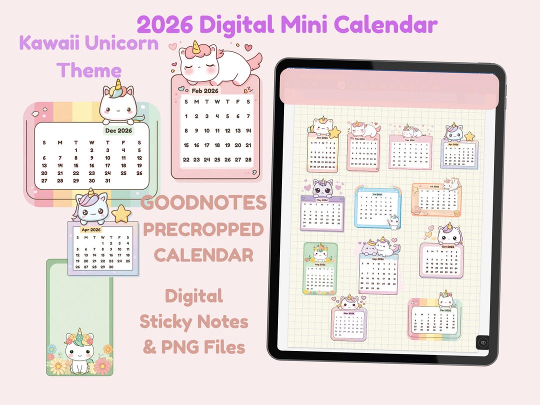 2026 Kawaii Unicorn Calendar Stickers | Goodnotes Planner (digital ...