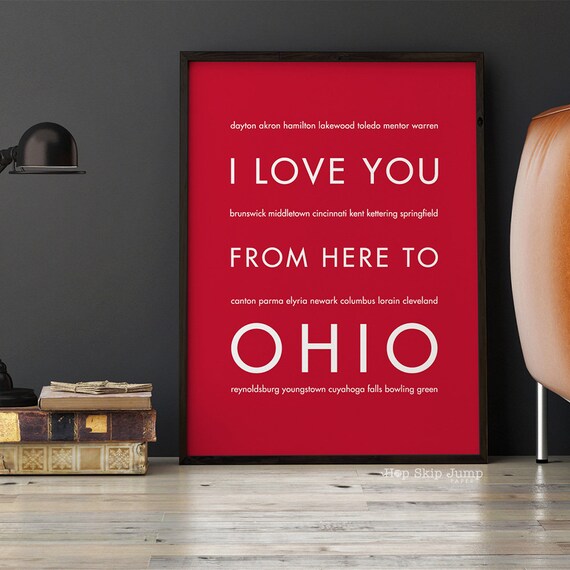 Husband Gift Cleveland Ohio State Wall Art I Love You From Here To Ohio Shown In Scarlet Red