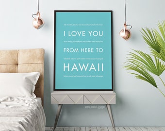 Hawaii Decor, Beach Decor, Hawaii Art Print, Paper Anniversary, I Love You From Here To HAWAII, Shown in Robins Egg Blue